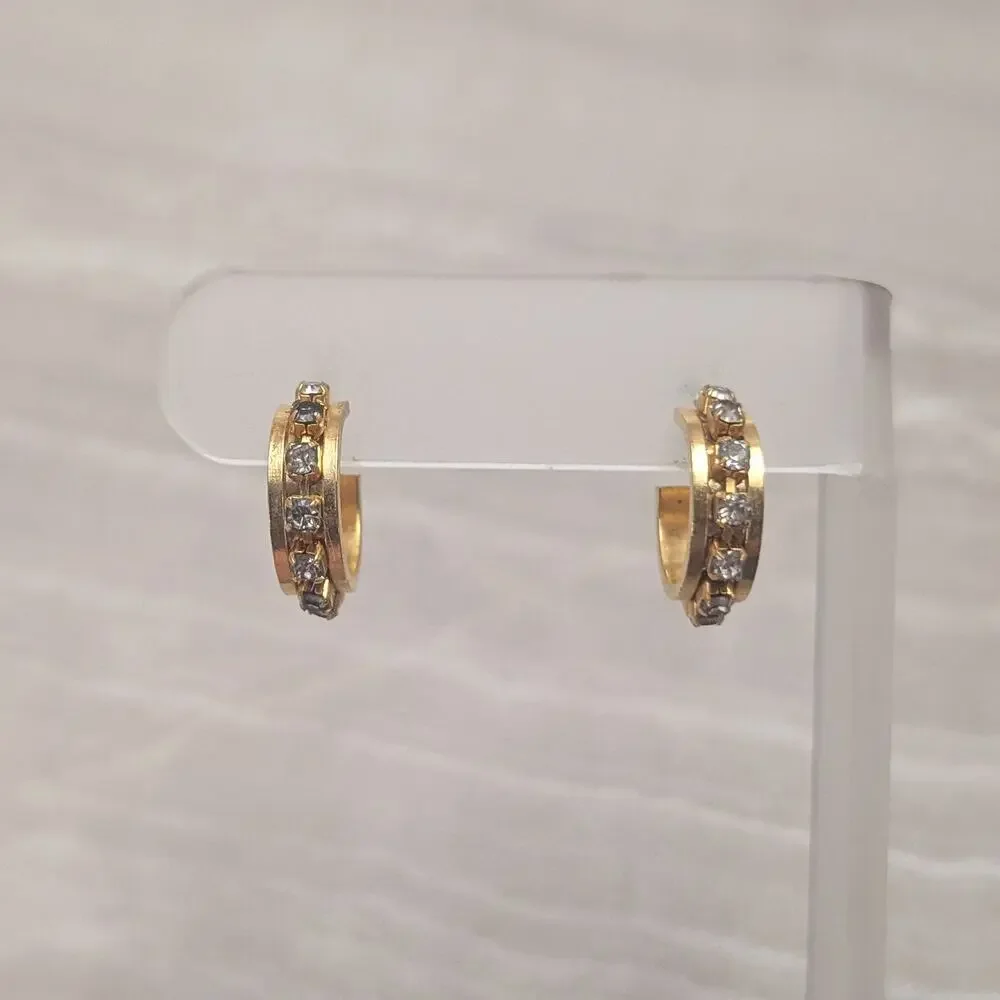 Vintage Stud Earrings Gold Tone Hoops with Clear Gems